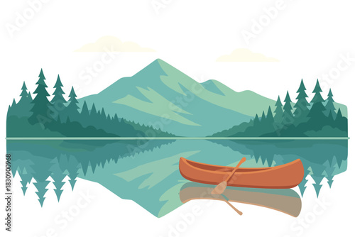 Canoe floating on a calm lake with mountain range and pine forest reflection
