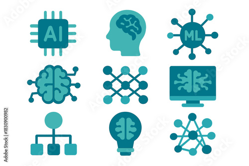 Artificial intelligence and machine learning technology icons for data processing concepts