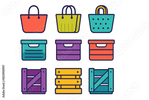 Colorful storage icons featuring shopping bags, cardboard boxes, and wooden shipping crates