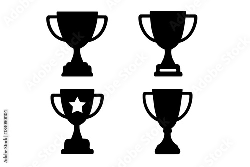 Four black silhouette trophy symbols representing success, awards, and achievement