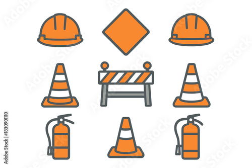 Safety equipment icons set for construction sites including hard hats, traffic cones, barrier, and fire extinguishers