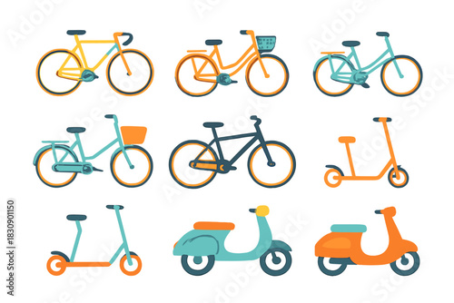 Set of various bicycles scooters and mopeds used for urban commuting