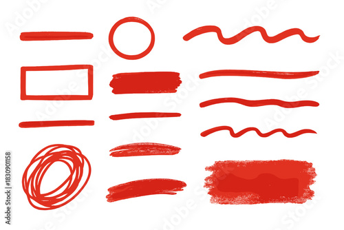 Hand drawn red marker elements set: underlines, wavy lines, circles, rectangles, and textured brush strokes