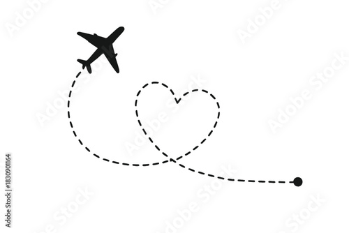 Minimalist airplane flying along a dashed heart shaped travel route path