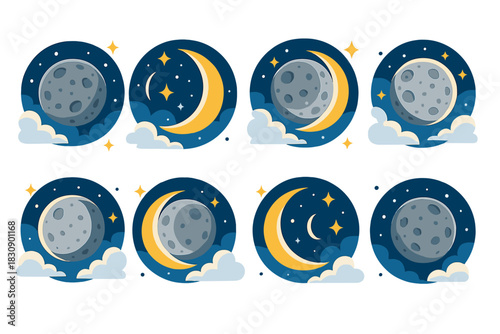 Eight stylized astronomical icons showing various stages of the moon cycle