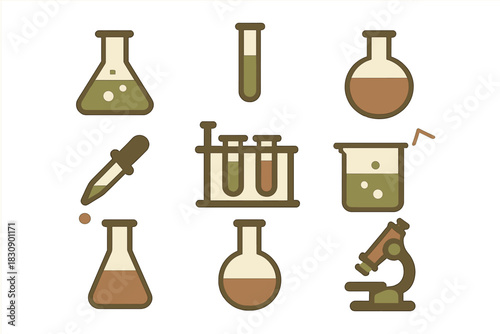 Scientific research and education icons featuring flasks, test tubes, and a microscope