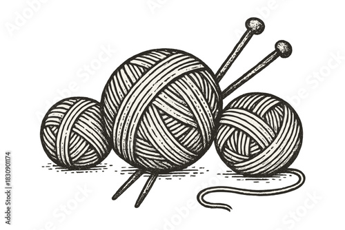 Detailed black and white engraved style depiction of three yarn balls and knitting needles