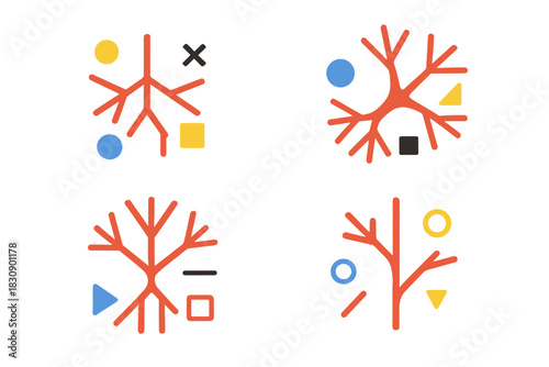 Abstract branching structures surrounded by colorful geometric shapes and symbols