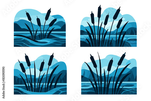 Silhouettes of cattails growing in a wetland pond with layered blue landscape background