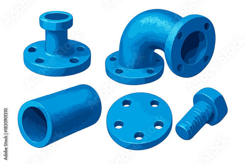 Set of blue industrial pipe fittings including elbow flange coupling and bolt on white background