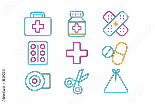 Neon line art set of essential medical supplies and emergency first aid icons