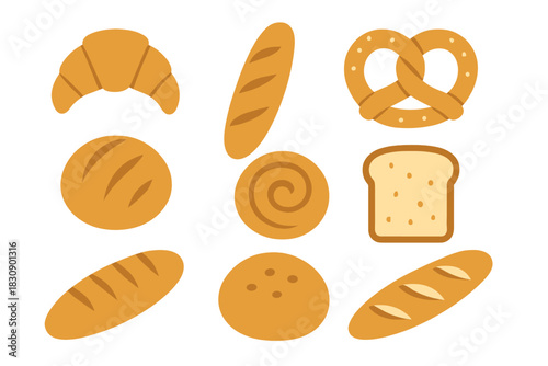 Assortment of bakery items: croissant, baguette, pretzel, toast, and bread rolls