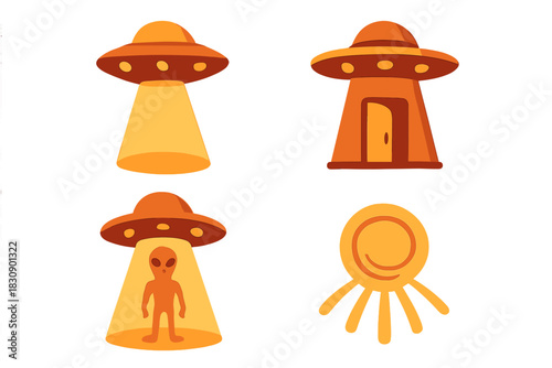 Cartoon flying saucers, alien spacecraft, and extraterrestrial beings in orange and yellow