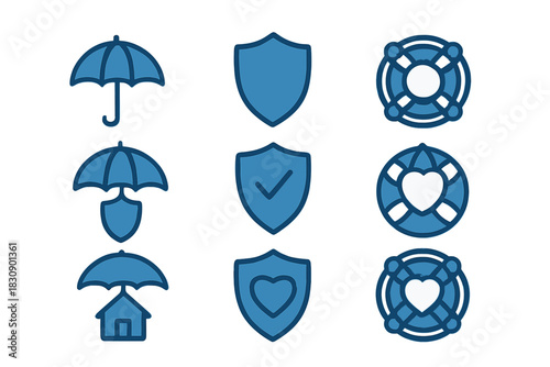 Blue safety and insurance icons set featuring umbrella, shield, lifebuoy, and home protection symbols