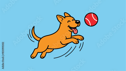 Happy dog jumping to catch a red ball in the air.