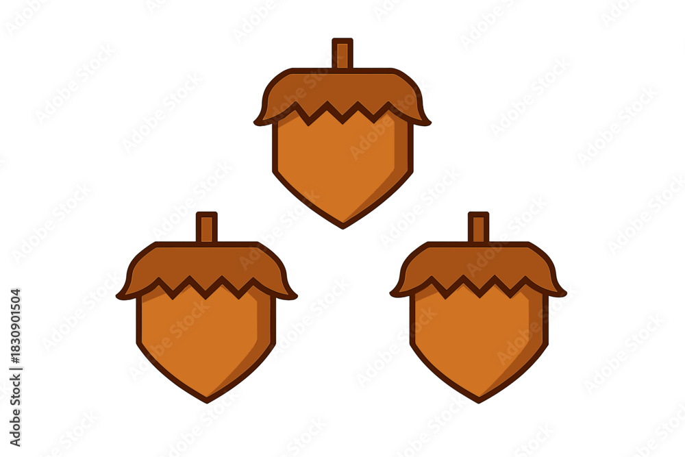 Obraz premium Three brown acorns with caps arranged on a clean white background for autumn themes