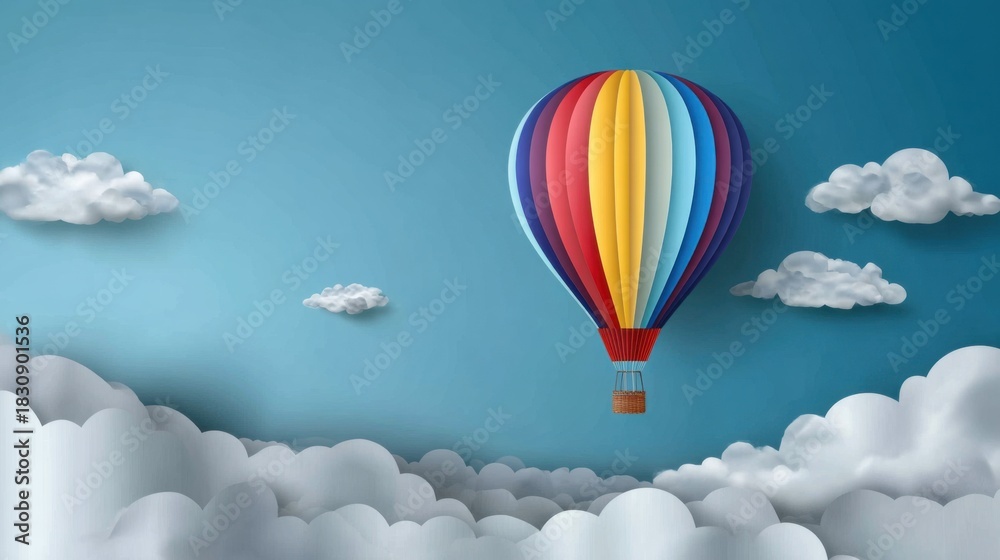 Obraz premium A vibrant hot air balloon with multicolored stripes floats in a blue sky with fluffy clouds. An inspiring scene of freedom and travel.