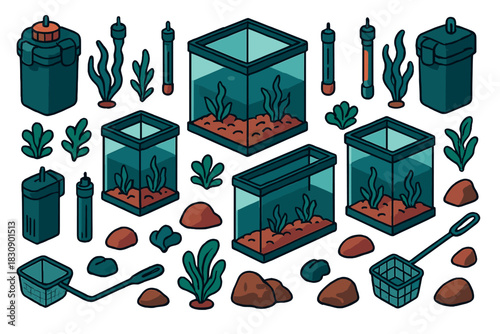 Isometric set of aquarium supplies and fish tank accessories including filters, heaters, nets, plants, and rocks