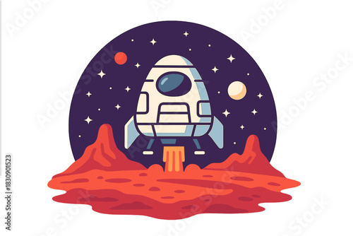 Futuristic spacecraft landing on a red alien planet surface under a starry night sky