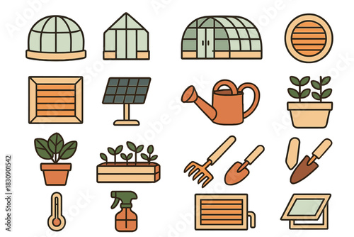 Essential gardening tools, greenhouse structures, potted plants, and solar panel collection