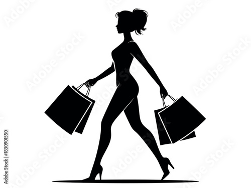 Silhouette of a woman walking confidently with shopping bags, showcasing a stylish and active lifestyle.