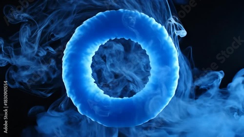 Swirling blue cloud/smoke against a stark black background, abstract, flowing gracefully with a vibrant hue