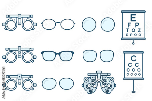 Set of optometry equipment used for vision testing and eye examination