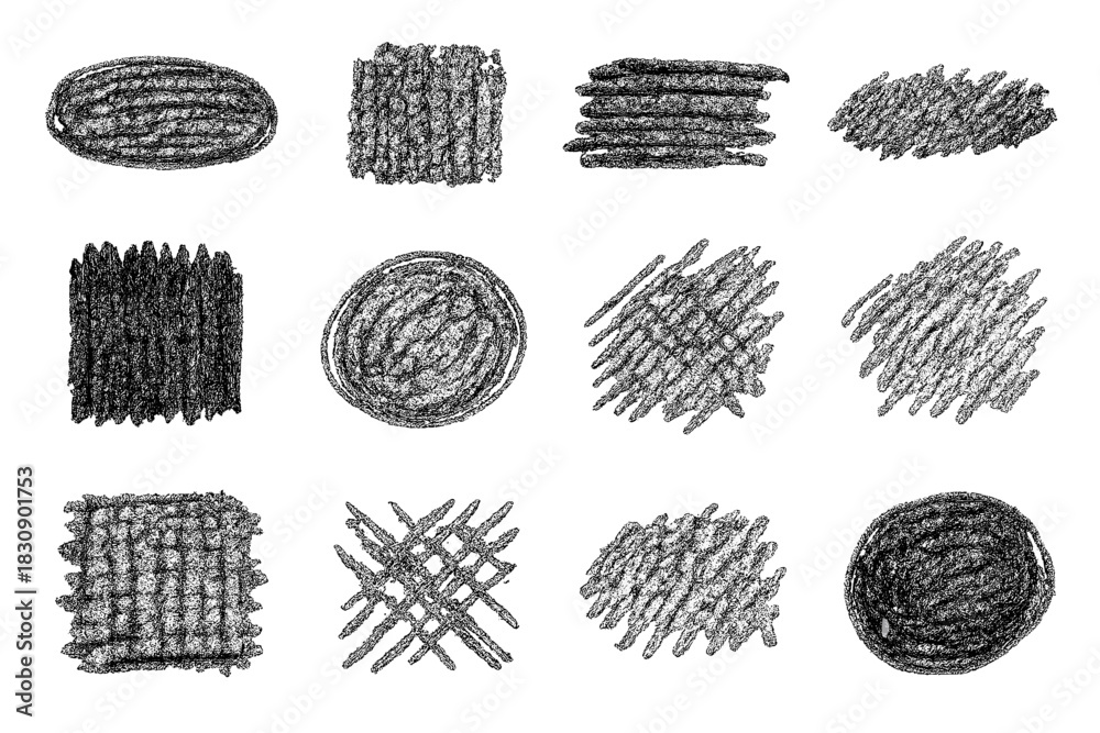 Naklejka premium Hand drawn charcoal pencil scribble textures and hatching shapes isolated on white
