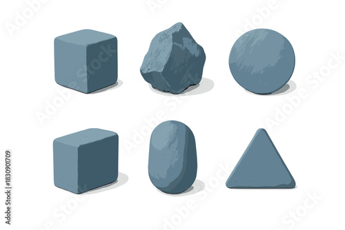 Six textured geometric and organic shapes in dusty blue isolated on white background