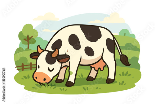 Cute cartoon Holstein dairy cow grazing on fresh green grass in a sunny pasture
