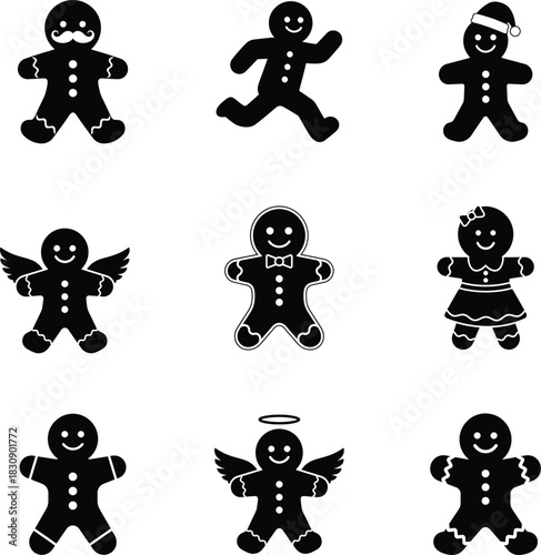Gingerbread man Christmas icon set, simple black silhouette vector
