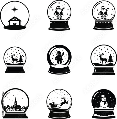 Snow globe Christmas icon set with Santa, reindeer, and nativity