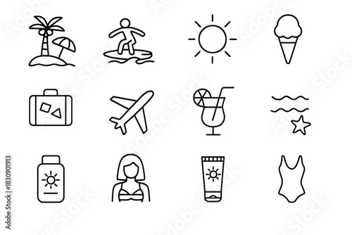 Summer vacation and beach travel elements: sun, airplane, surfing, palm tree, swimwear