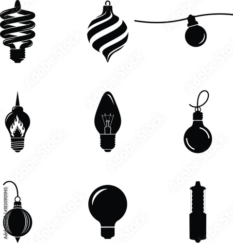 Lightbulb Christmas string and ornament icon set, simple black silhouette