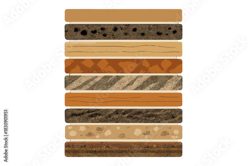 Diverse natural material textures arranged in horizontal layers on a white background