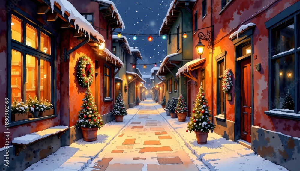 Obraz premium Snowy street with christmas tree snowy street features festive christmas tree glowing warmly amidst winter landscape