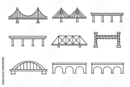 Variety of architectural bridge designs including suspension, truss, and arch structures