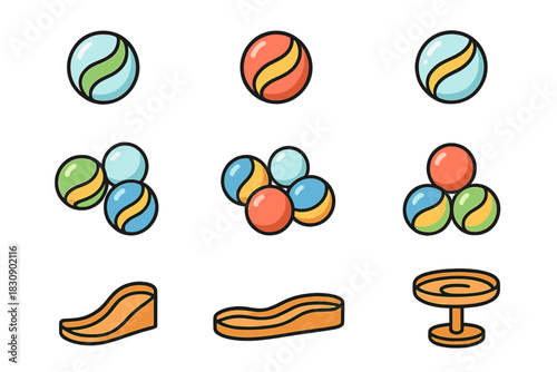 Colorful glass marbles and plastic track components set for children's game