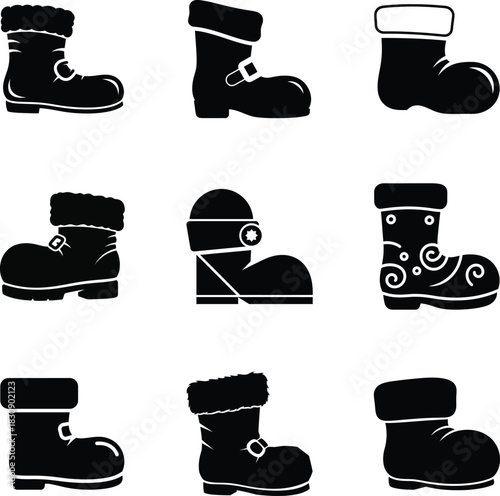 Boot Christmas icon set with fur and buckle detail, simple black silhouette