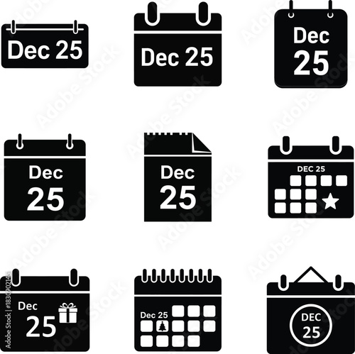 Calendar Christmas date icon set for December 25th