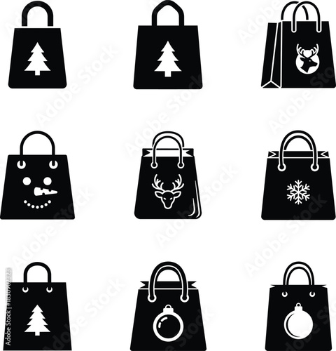 Shopping bag Christmas icon set with tree, snowman, and reindeer