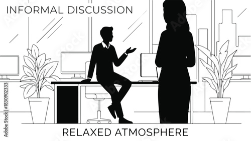 Informal discussion in a relaxed office environment with two people.