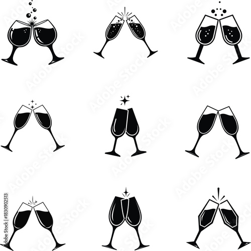 Toast Christmas wine glass icon set for sparkling drink