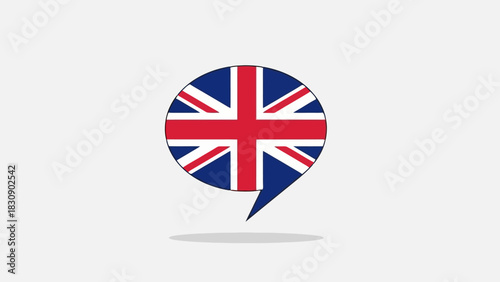 Isolated speech bubble icon with the British flag pattern. A symbol for speaking English, language learning, or UK communication