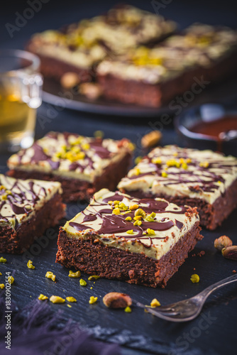 Gluten free and sugar free brownies with pistachio icing, Dubai style chocolate cake