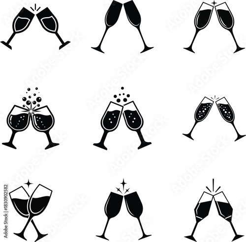 Toast Christmas champagne glass icon set for celebration