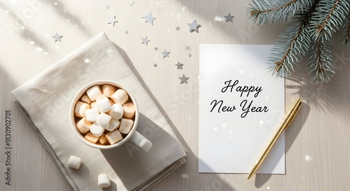 Happy new year card with hot chocolate, marshmallows, gold pen, and spruce branch on a light wooden background with festive star decorations, winter holiday concept.