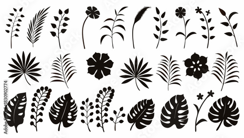 Elegant tropical botanical silhouette collection, perfect for vibrant summer designs, modern art prints, or stylish nature-inspired decor elements