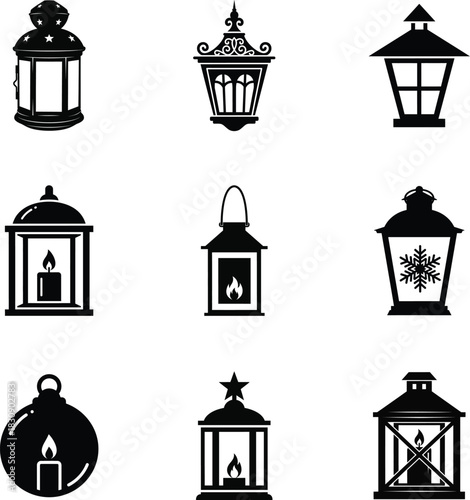 Lantern Christmas candle light icon set with snowflake
