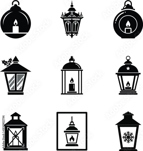 Lantern Christmas icon set with candle and holly decoration